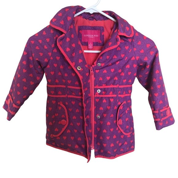 London Fog Hooded Fleece Lined Girls Coat Full Zip Purple with Pink Hearts Sze 5 - Picture 5 of 14